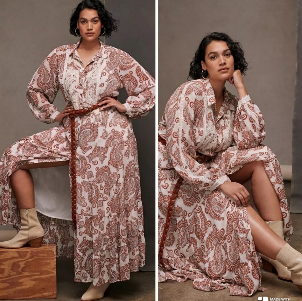 Anthropologie Allaire Red and White/Cream Paisley Maxi Dress